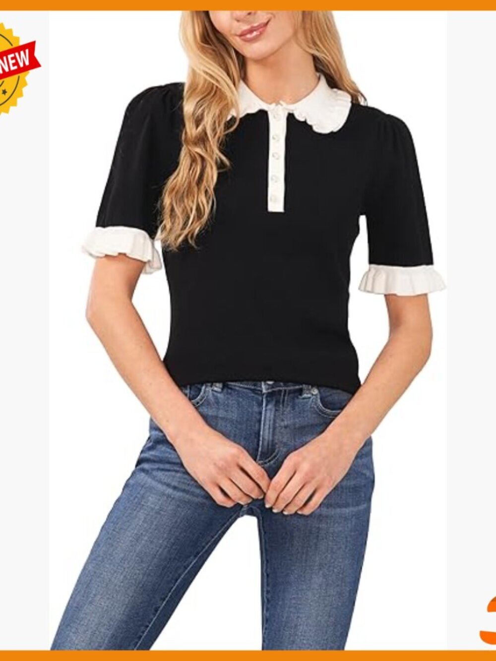 Short Sleeve Polo Sweater with Contrast Collar and Ruffles